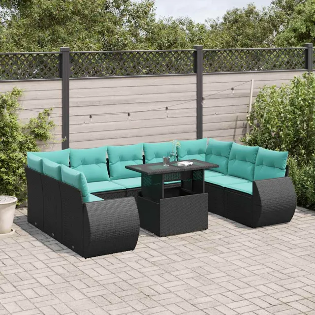vidaXL 10-delige tuinbankset met kussens van zwart polyrotan, foto 2