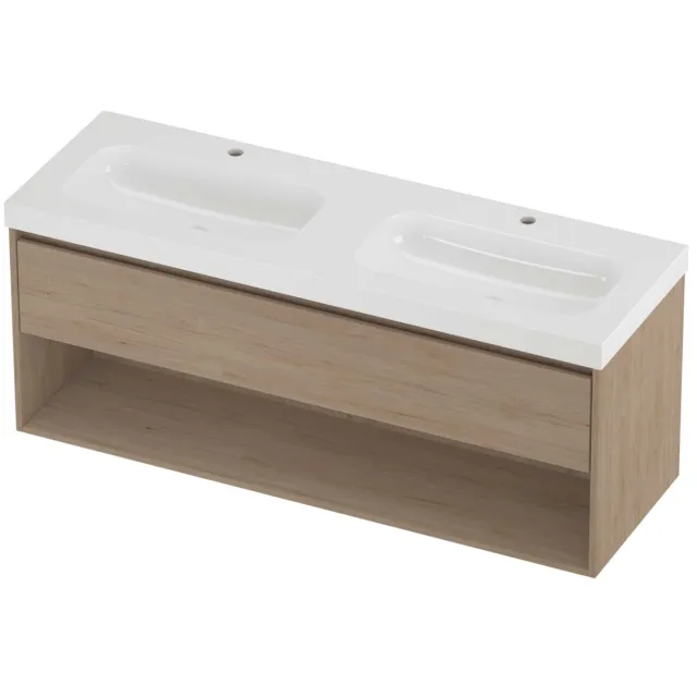 Proline Haga Badmeubelset Polystone Mezza Schap 140x46x58 cm Glans Wit Ideal Oak Eiken