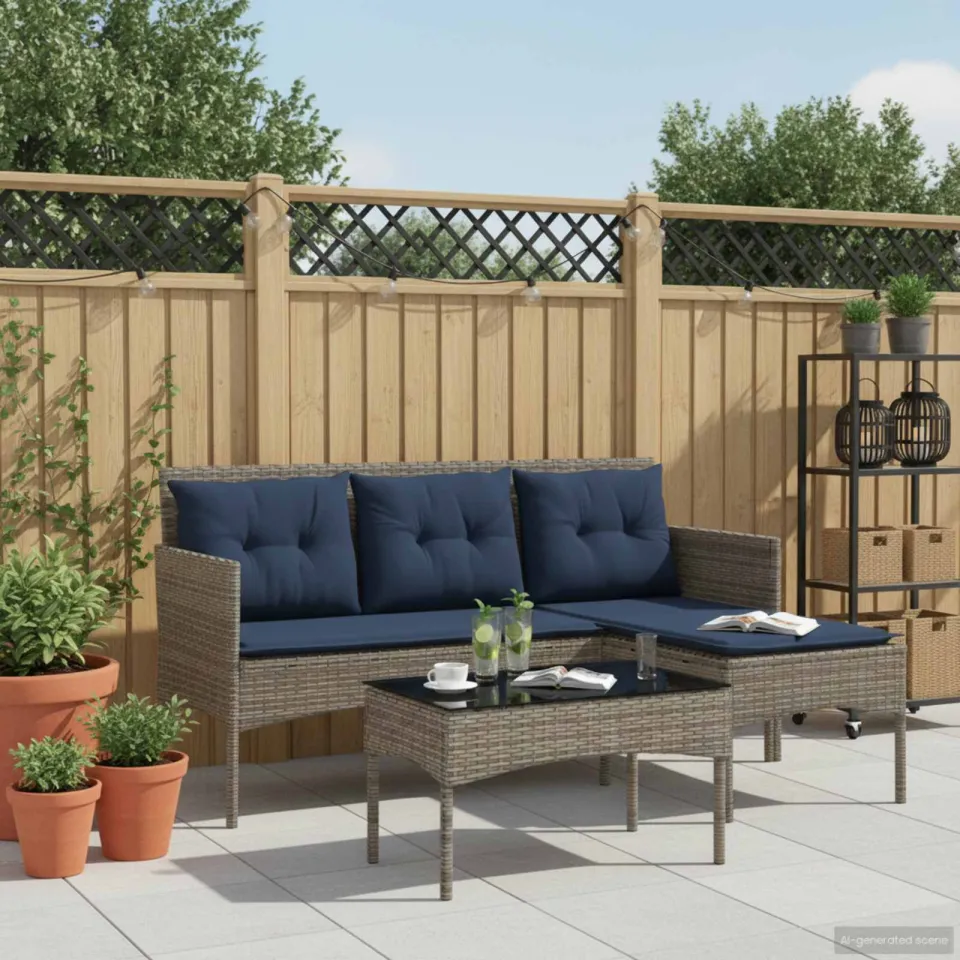 vidaXL Tuinbankenset 2 st Grijs en Marineblauw poly rattan, foto 3