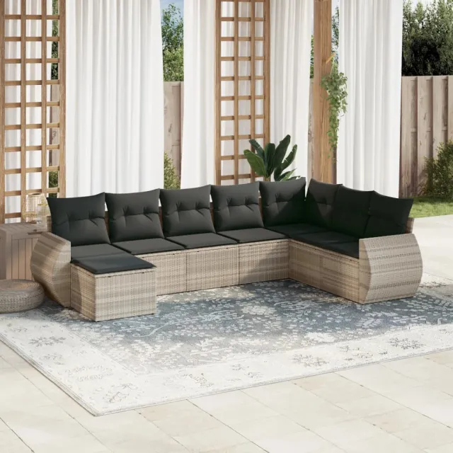 vidaXL 8-delige Loungeset met kussens poly rattan lichtgrijs grijs, foto 2