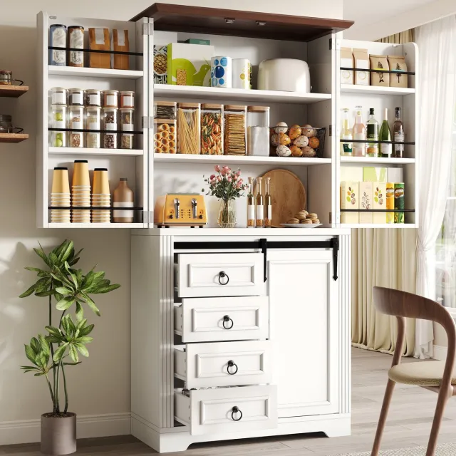 Wishdor Keukenkast - Hoge opbergkast met soft-close, 4 lades en verstelbare planken - modern - keuken en eetkamer - houtlook en metaal - wit - 80 x 39,8 x 180 cm