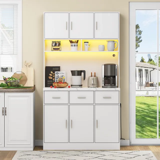 Welltin Keukenkast, multifunctioneel buffetkast met ledverlichting en app-bediening, 100x40x180 cm, lades, verstelbare planken, kabeldoorvoeropeningen en stopcontacten, ideaal voor keukens en eetkamers - Wit