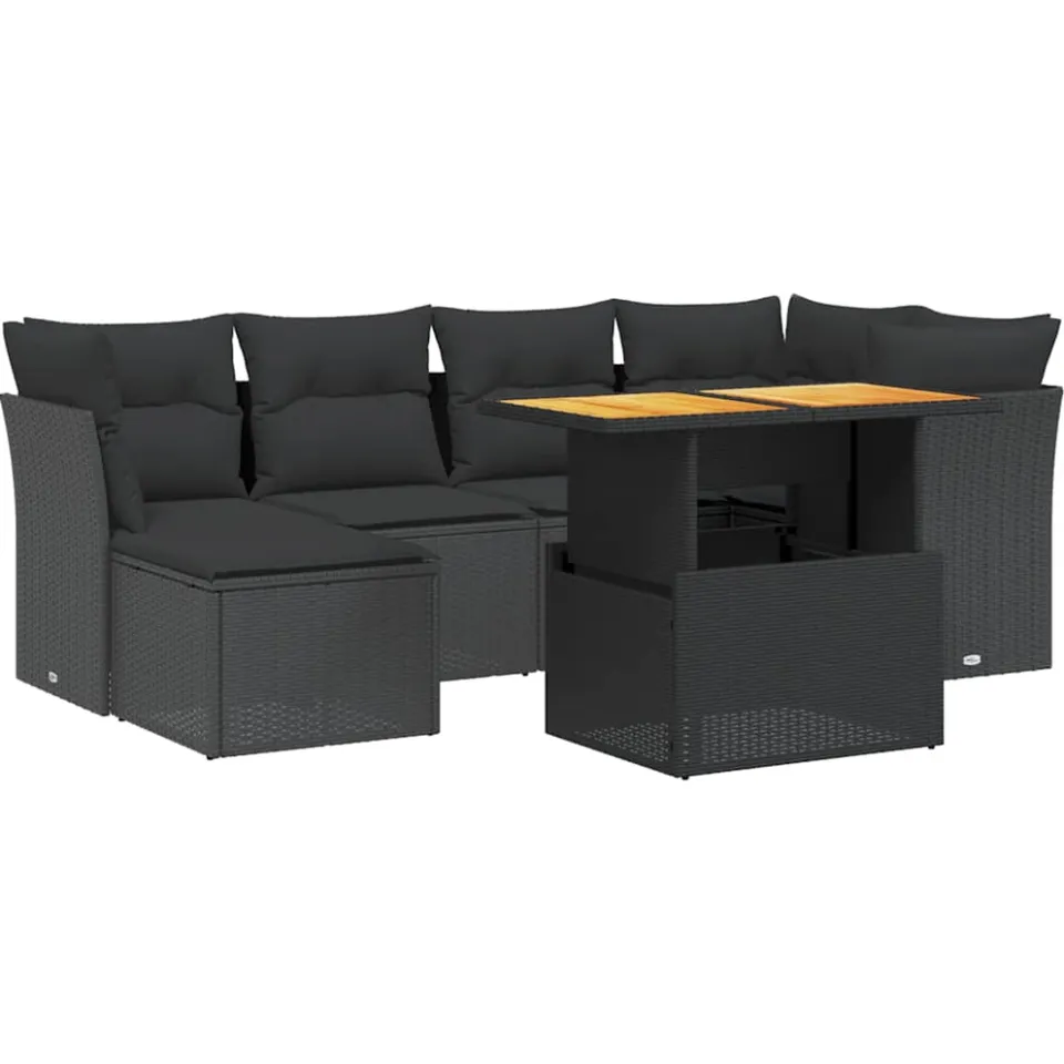 vidaXL 7-delige Loungeset met kussens poly rattan zwart, foto 3