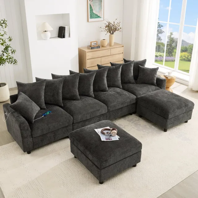 MEUNIQ modulaire U-vorm hoekbank 6-zits 283 x 153,5 x 78,5 cm met 2 hockers, 10 kussens, USB- en Type-C-aansluiting voor de woonkamer in grijs