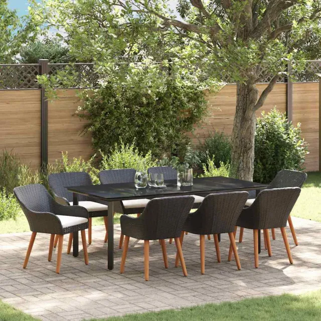 vidaXL Tuin eettafelset 9 st Zwart poly rattan, foto 2