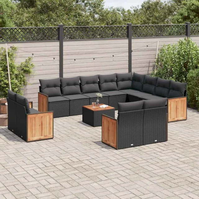 vidaXL 13-delige Loungeset met kussens poly rattan zwart, foto 2
