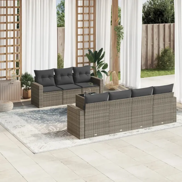 vidaXL 8-delige Loungeset met kussens poly rattan grijs, foto 2