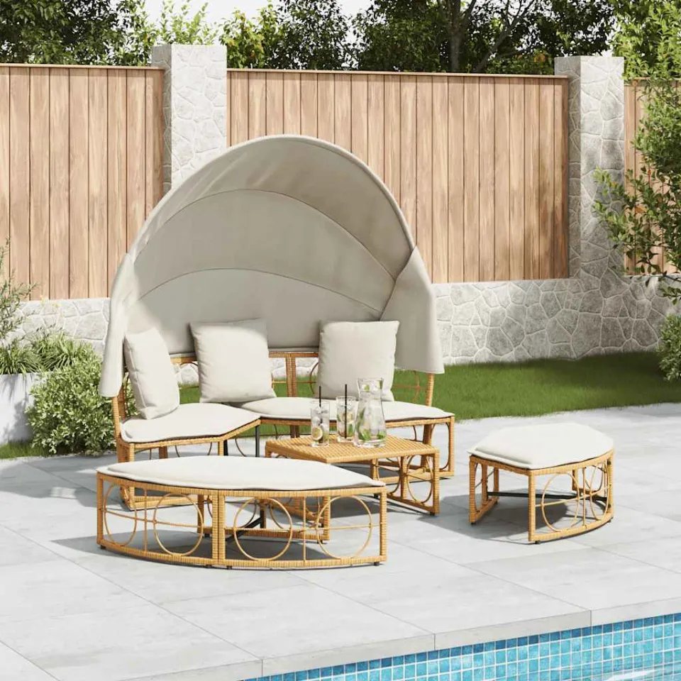 vidaXL Loungebed voor buiten met luifel en kussens poly rattan bruin, foto 3