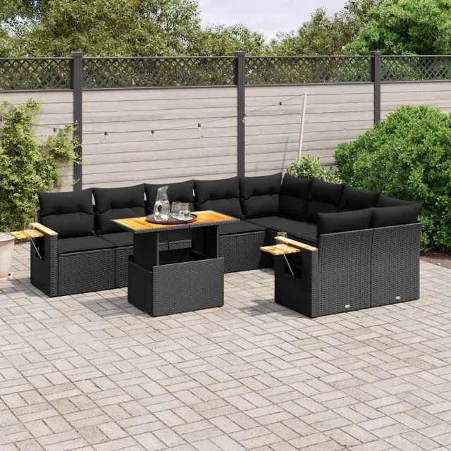 vidaXL 10-delige Loungeset met kussens poly rattan zwart, foto 2