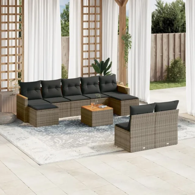 vidaXL 10-delige Loungeset met kussens poly rattan grijs, foto 2