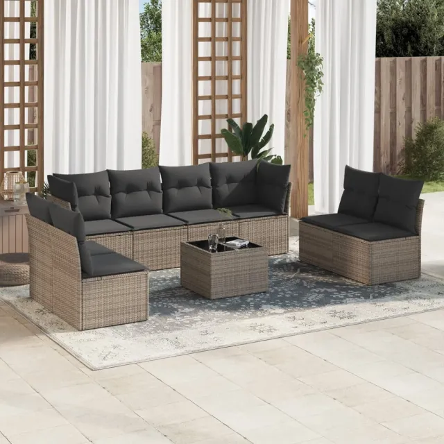 vidaXL 9-delige Loungeset met kussens poly rattan grijs, foto 2
