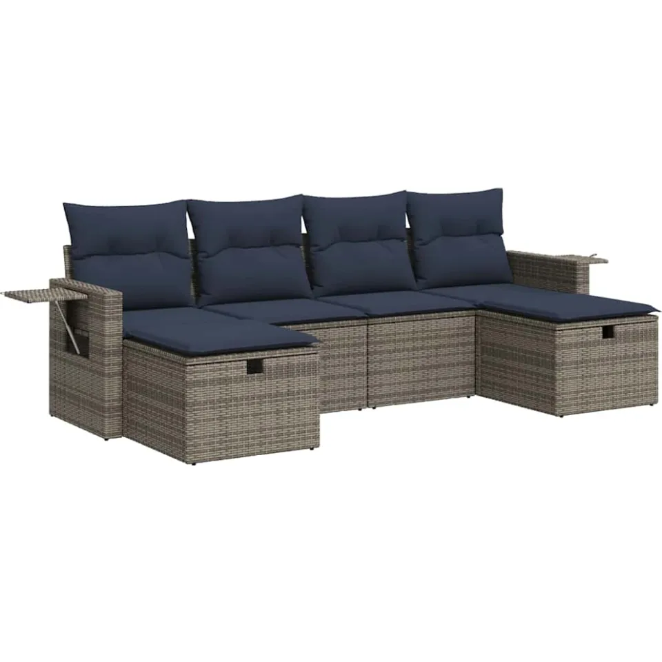 vidaXL 6-delige Loungeset met kussens poly rattan grijs, foto 3