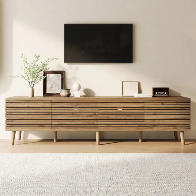 Clruro TV-Meubel - 180×40×46 cm - 4 Lamellendeuren - Push-to-Open - MDF/Spaanplaat - Naturel