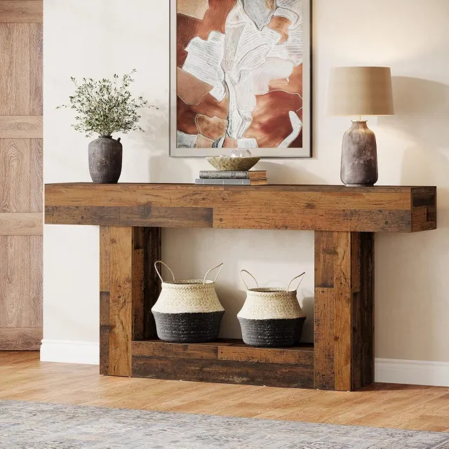 Tribesigns Consoletafe - 2 laags Sidetable met Opbergruimte - Rustic Brown Mix) - 160 x 30 x 82 cm - Console Tafel voor Hal, Woonkamer, Entree