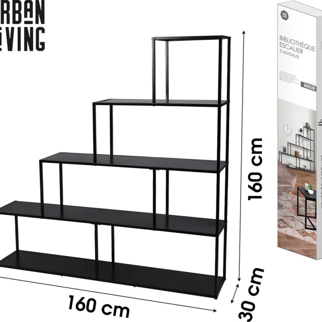 Urban Living "MADISON" Trapvormige boekenkast met 5 niveaus in zwart metaal 160 x 30 x H157 cm