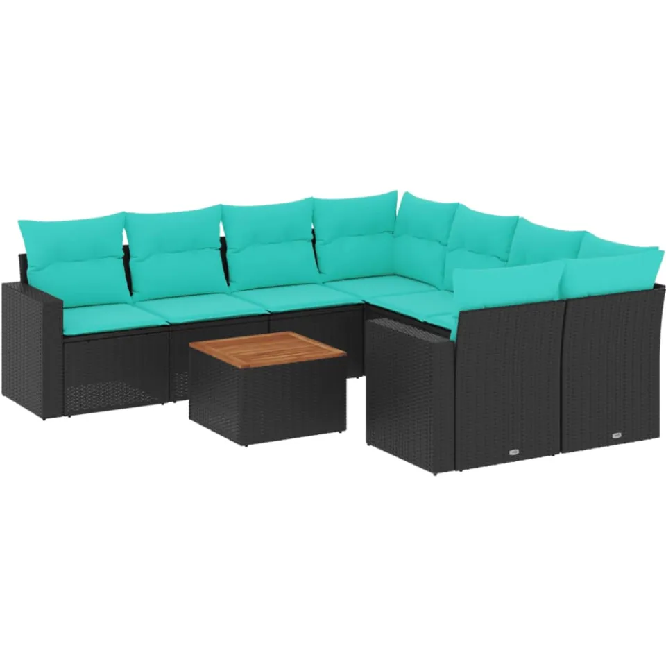 vidaXL 9-delige Loungeset met kussens poly rattan zwart, foto 3
