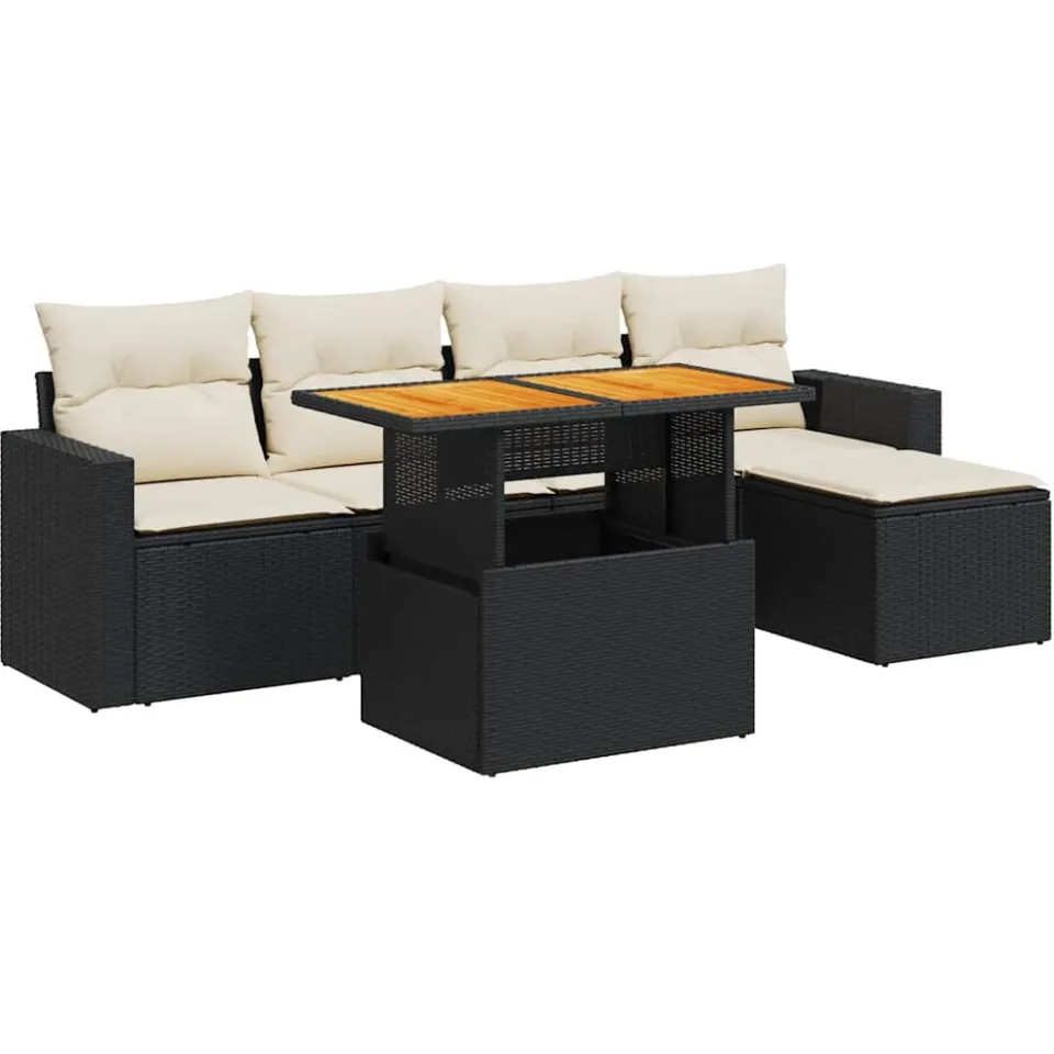 vidaXL 6-delige Loungeset met kussens poly rattan zwart, foto 3