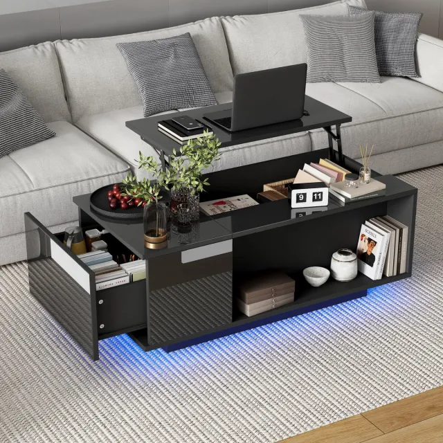 MODENUIT Salontafel - Hoogte Verstelbaar Met Lade En LED - Voor Woonkamer - Spaanplaat - 100x50x40 Cm - Zwart
