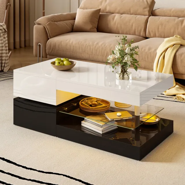 Merax Moderne salontafel - met LED-verlichting - ondersteunt APP- en Bluetooth-bediening - glazen plank en hoogglans oppervlak - zwart-wit