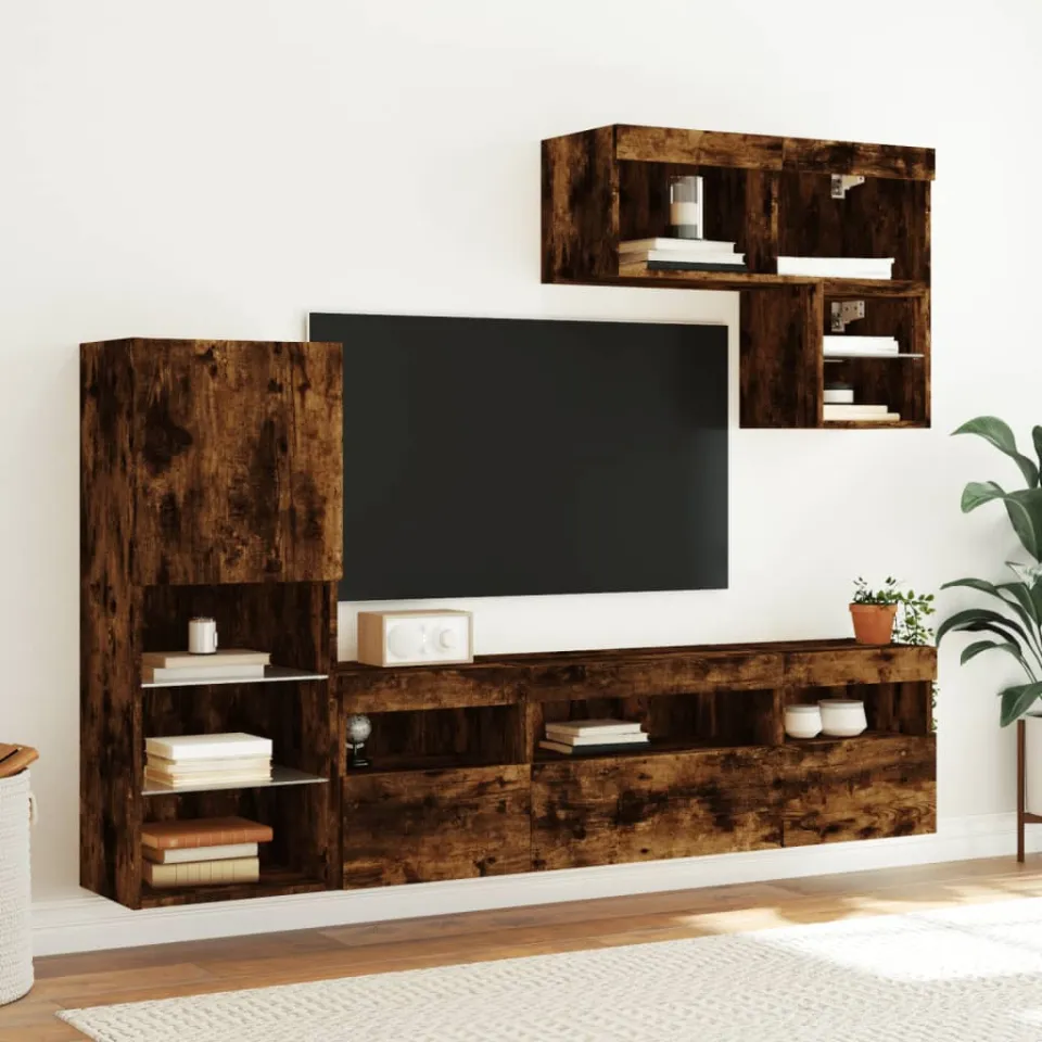vidaXL 6-delige tv-wandmeubelset met LED bewerkt hout gerookt eiken, foto 3