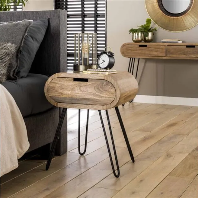 Meubelplaats Barolo - Nachtkastje rond - 1 lade - Mangohout zandkleur - Japandi - 50x35x60 cm massief mango zandkleur