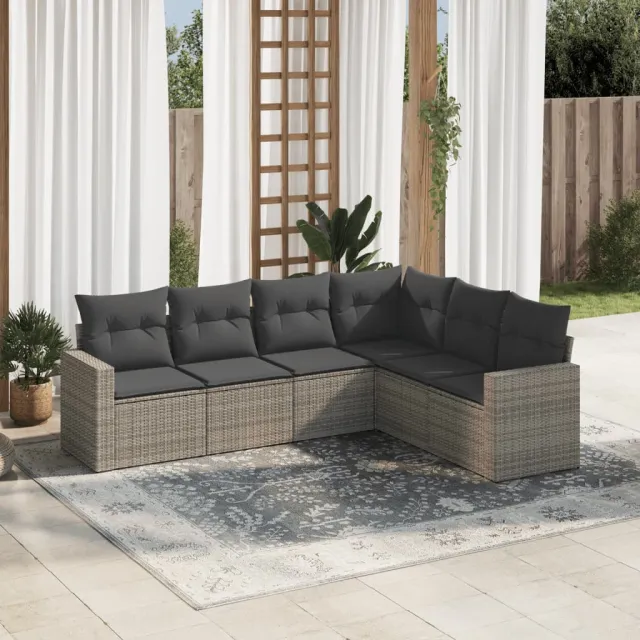 vidaXL 6-delige Loungeset met kussens poly rattan grijs, foto 2