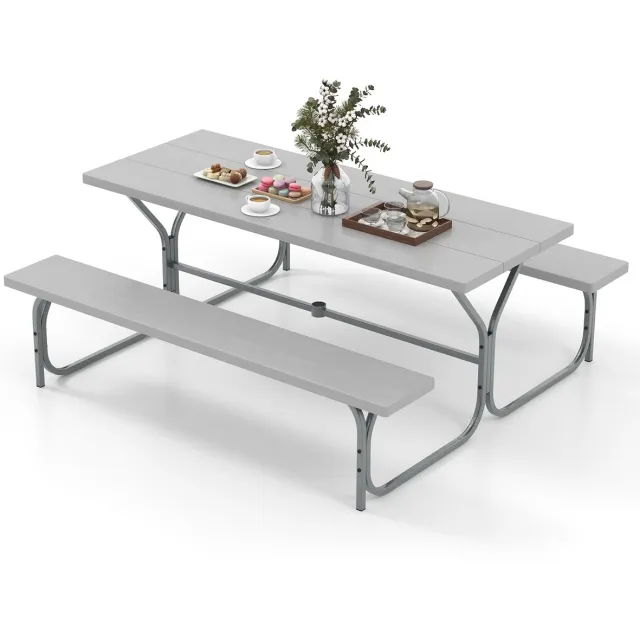 Costway Biertentgarnituur, 183 cm, biertafelset met weerbestendig HDPE-tafelblad en parasolgat, biertafel met 2 banken, feesttentgarnituur, zitgarnituur voor 6-8 personen voor tuin, grijs