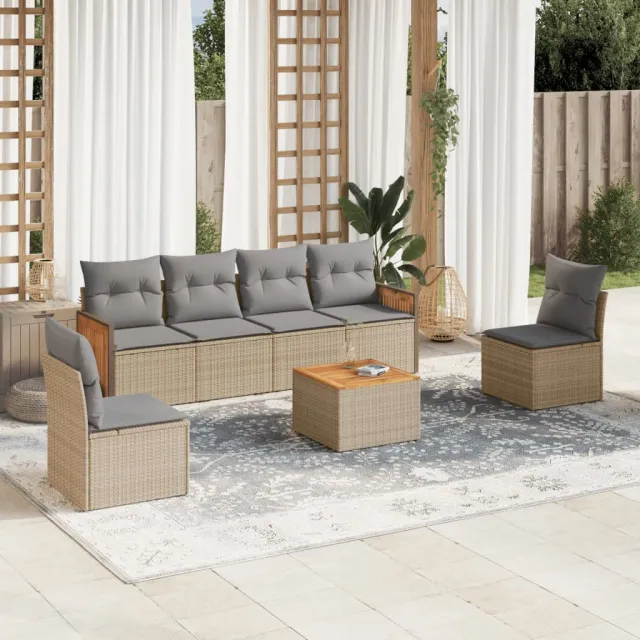 vidaXL 7-delige Loungeset met kussens poly rattan beige, foto 2