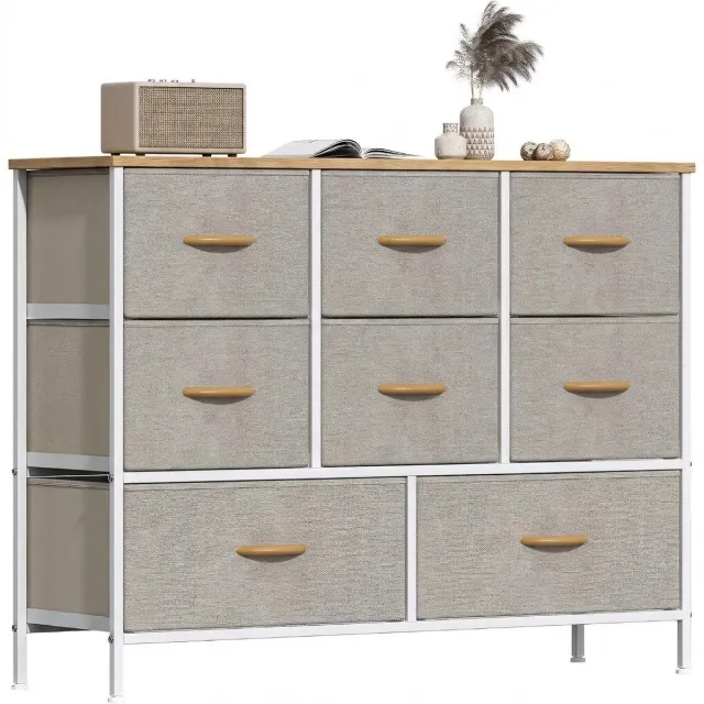 AIMASON Ladekast met 8 stoffen lades - Khaki en wit met houtlook - 6 kleine en 2 grote lades - Voor slaapkamer en hal - Verstelbare voetjes - 100 x 30 x 76 cm