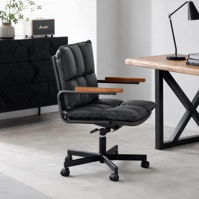 MODENUIT Bureaustoel 65 cm - Hoogteverstelbaar en Draaibaar Met Wielen - Werkkamer - Kunstleer Zwart