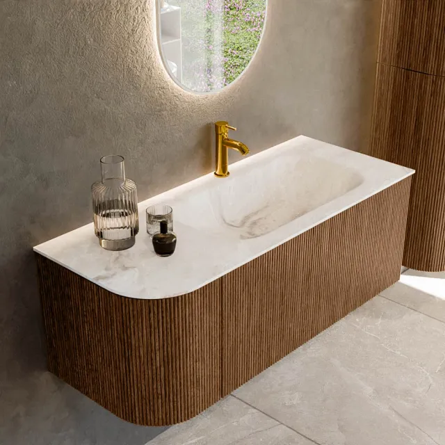 Mondiaz KURVE-DLUX 115 cm Onderkast Greeploos 1 Lade Met Deuren Walnut, Wastafel Solid Surface Rechts Frappe 1 Kraangat Zonder Spiegel (KRVBGS115L1L1D1KR-Wal/Fra)
