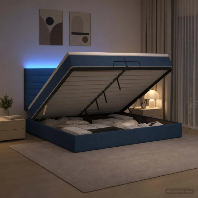 vidaXL Ottoman Bed met Matrassen en LED Blauw 200 x 200 cm Stof