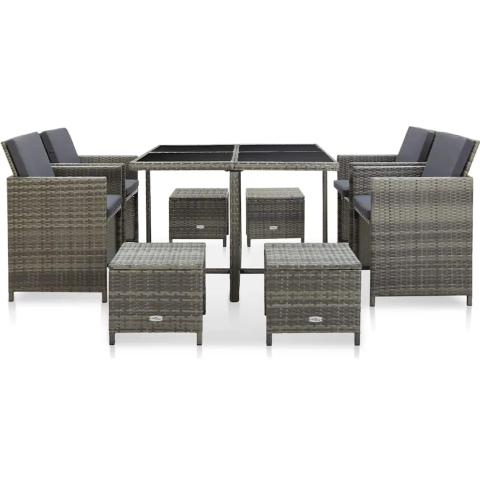vidaXL 9-delige Tuinset met kussens poly rattan grijs