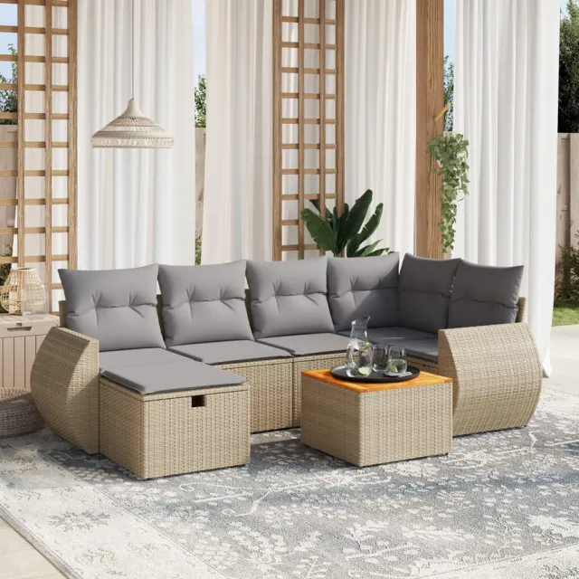vidaXL 7-delige Loungeset met kussens poly rattan gemengd beige, foto 2