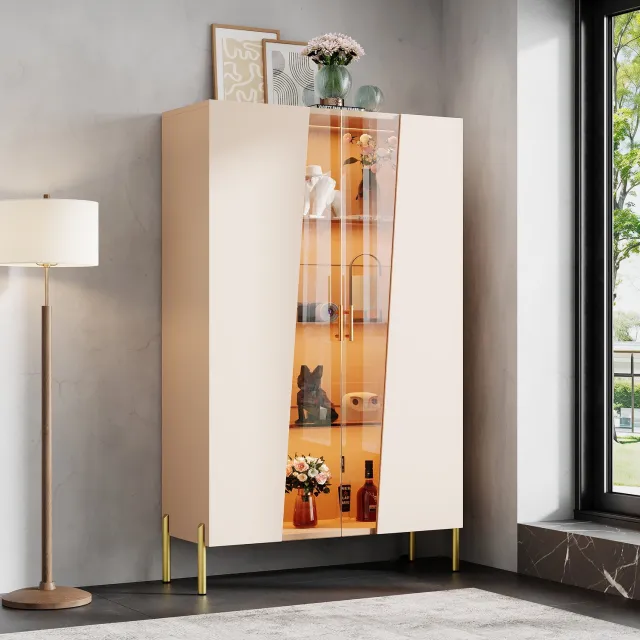 HAUSS SPOLE Vitrinekast - Asymmetrische Glazen Deur Met Ledverlichting - Voor Woonkamer En Eetkamer - Mdf En Glas - 72x40x145 Cm - Beige