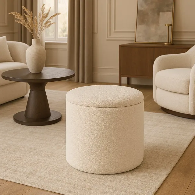 Fameilleur Luxe Teddy Poef met Opbergdeksel – Bouclé Poef 35x40 cm – Zachte Stof in Off-White – Multifunctionele Poef met Opbergruimte – Zitkruk, Voetenbank & Bijzettafel – Kant-en-Klaar – Scandinavisch Design - poef - zitbank - exclusief- opbergbank wit