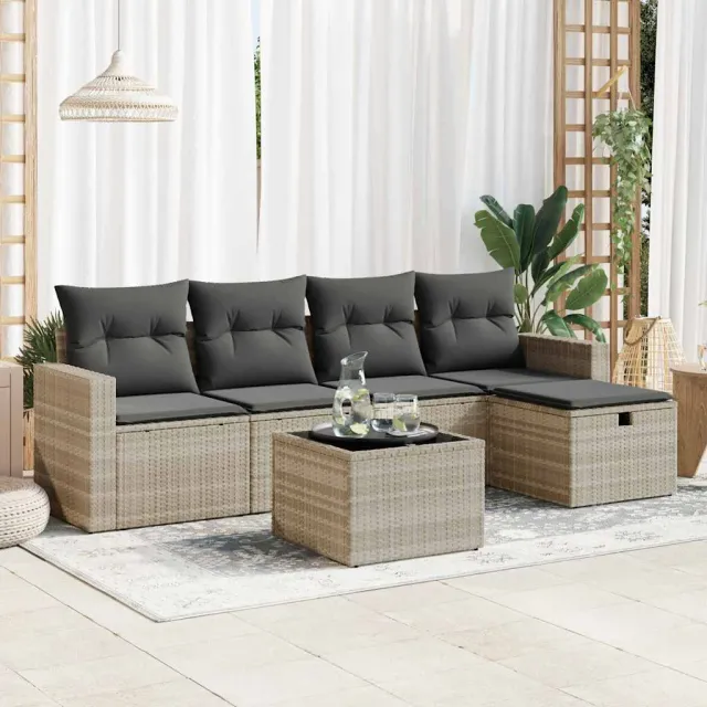 vidaXL 6-delige Loungeset met kussens poly rattan grijs, foto 2