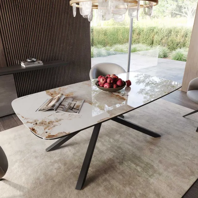 DELIFE Eetkamertafel Edge wit-beige Boot keramiek Minas Melange 200x100 kruisframe rechthoek zwart Weiß-Beige