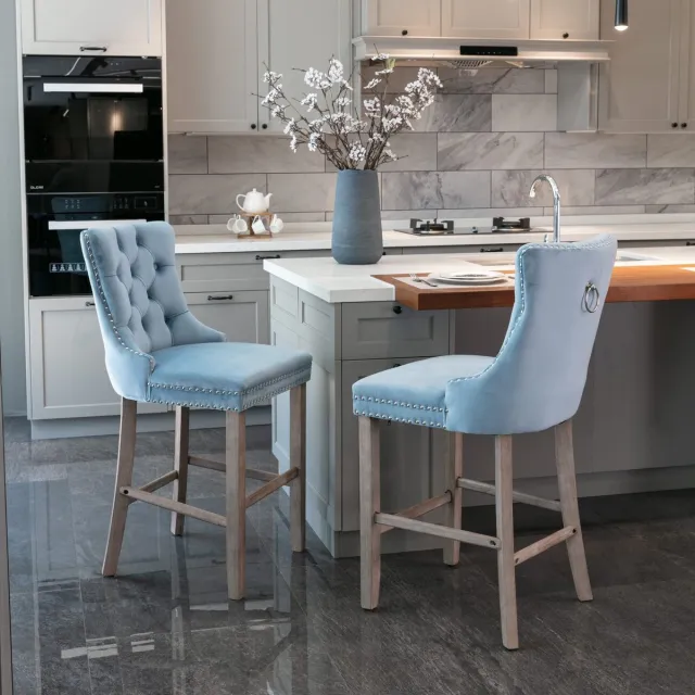 Clruro Moderne Velvet Barstoelen - Set van 2 - Knopen Tufted Decoratie - Houten Poten & Chrome Nailhead Trim - Lichtblauw