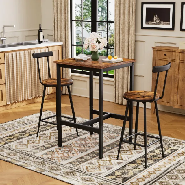DESMIU Bartafel En Hockerset - Industriële Stijl Met Stevige Constructie - Voor Keuken En Woonkamer - Spaanplaat En Staal - 60x60x92 Cm - Bruin Zwart Rustiek bruin