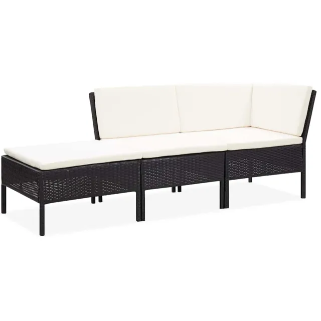 vidaXL 3-delige Loungeset met kussens poly rattan zwart