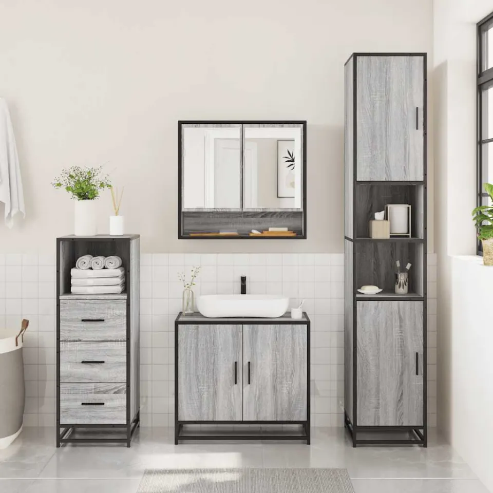 vidaXL 3-delige Badkamermeubelset bewerkt hout grijs sonoma eikenkleur, foto 3