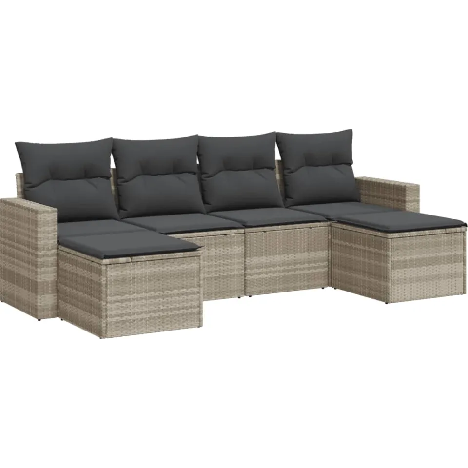 vidaXL 6-delige Loungeset met kussens poly rattan lichtgrijs