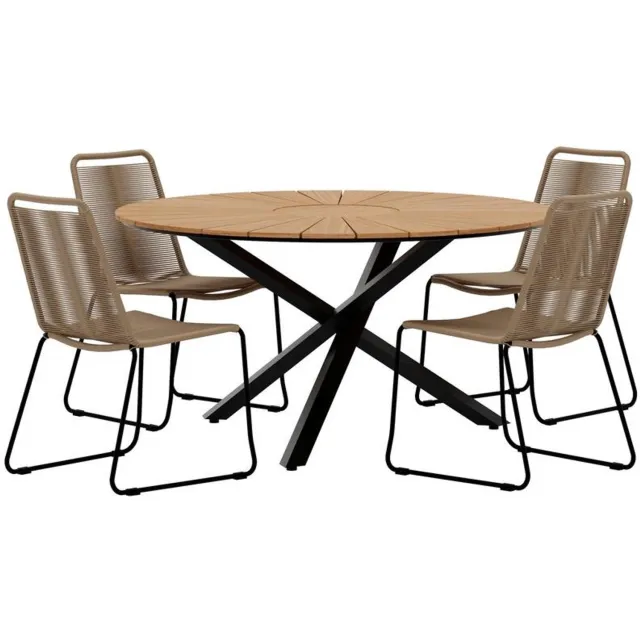 Svea Kathrine ronde tuintafel - zwart + 4x Thelma eetkamerstoelen - bruin