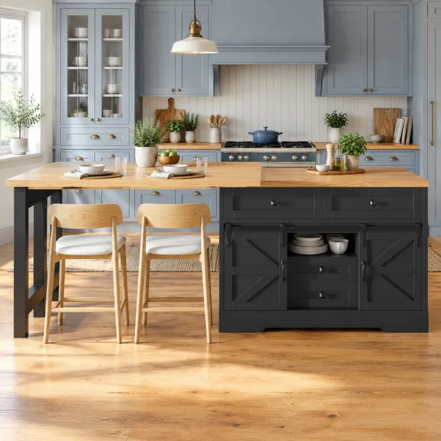 WUVRIE Uitschuifbaar keukeneiland en eettafel 120-197 cm - 360° draaibaar met opbergruimte - Zwart