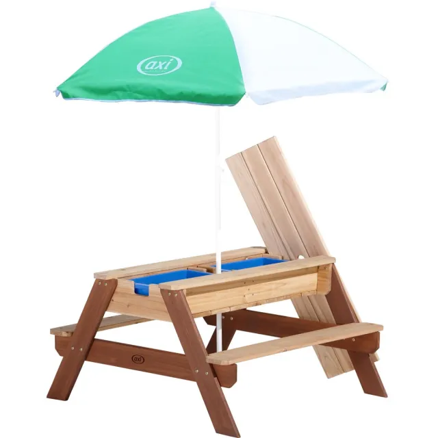 Axi Nick Zand & Water Picknicktafel (2 bankjes) met Parasol - Deluxe - Picknick tafel voor kinderen van hout Bruin