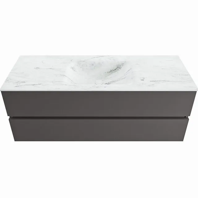 Mondiaz VICA-DLUX 130cm badmeubel onderkast Dark grey 2 lades. Inbouw wastafel CLOUD midden 1 kraangat, kleur Opalo.
