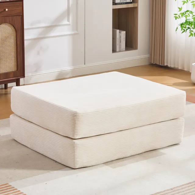 MIVRAY Voetenbankje - Opvouwbaar 109 x 95 x 43 cm - Zachte Ribstof in Beige - Uitklapbaar Tot Ligvlak Voor Woonkamer en Slaapkamer
