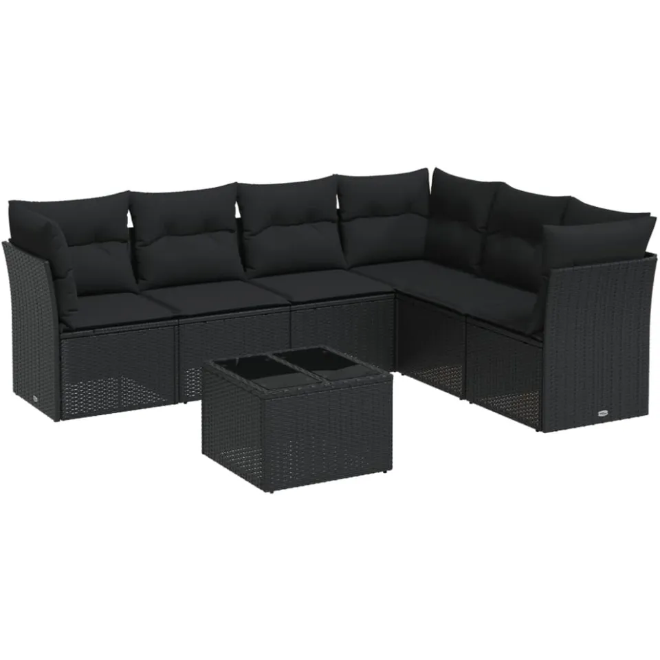 vidaXL 7-delige Loungeset met kussens poly rattan zwart