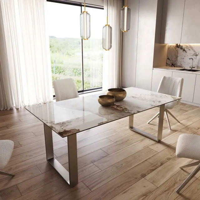 DELIFE Eetkamertafel Edge keramiek Minas Melange wit-beige 200x100 RVS Schmal Weiß-Beige